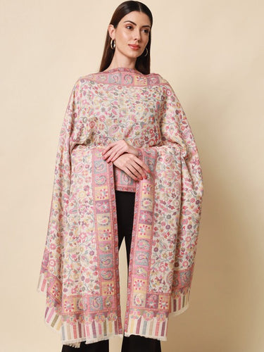 Women Beige & Orange Woven Design Woolen Shawl